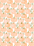 Seamless fall pattern with painterly peach pumpkins, olive green stems, and muted green leaves on a white background