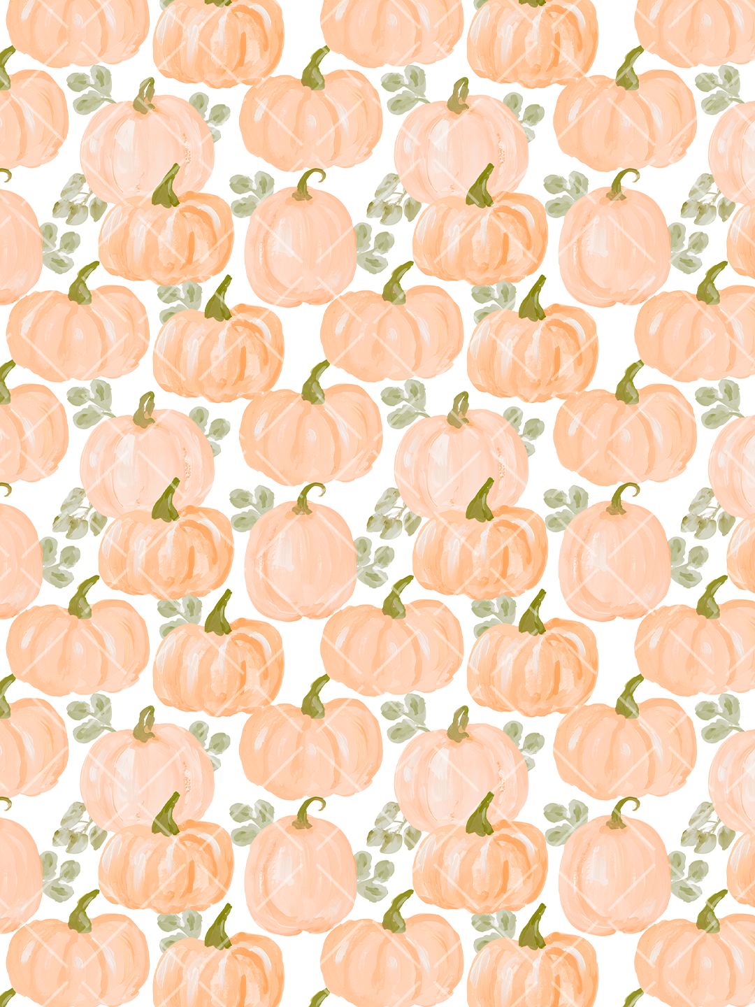 Seamless fall pattern with painterly peach pumpkins, olive green stems, and muted green leaves on a white background