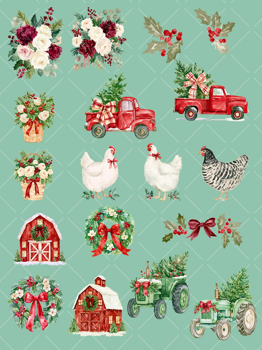 Collection of 18 watercolor farmhouse Christmas clipart designs with red trucks, green tractors, snowy barns, chickens, wreaths, holly, bows, and floral arrangements.