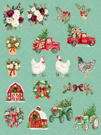 Collection of 18 watercolor farmhouse Christmas clipart designs with red trucks, green tractors, snowy barns, chickens, wreaths, holly, bows, and floral arrangements.