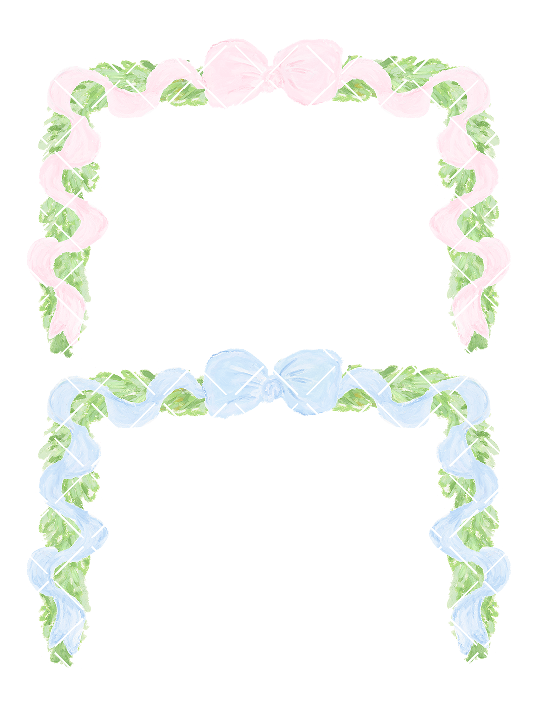 Two watercolor ribbon and greenery clipart frames featuring pink and light blue ribbons woven through leafy green borders