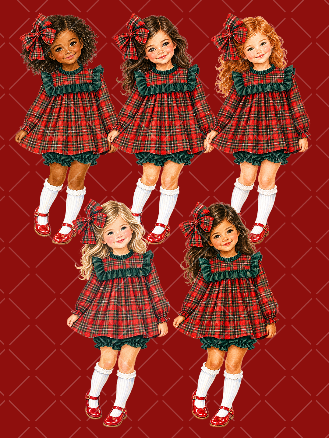 Multicultural Christmas Tartan Girls Clipart Set