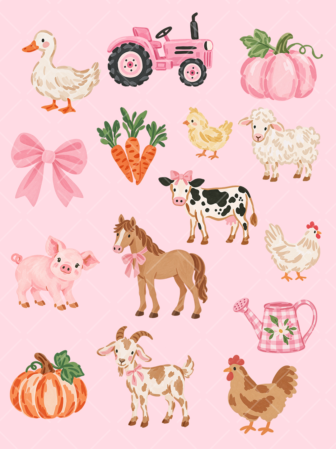 Pink Farm Animal Watercolor Clipart Bundle - 15 PNG Files