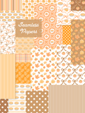 Preview of watercolor Thanksgiving seamless patterns featuring orange pumpkins, pumpkin pies, fall leaves, florals, bows, gingham, stripes, and polka dots.