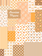 Preview of watercolor Thanksgiving seamless patterns featuring orange pumpkins, pumpkin pies, fall leaves, florals, bows, gingham, stripes, and polka dots.