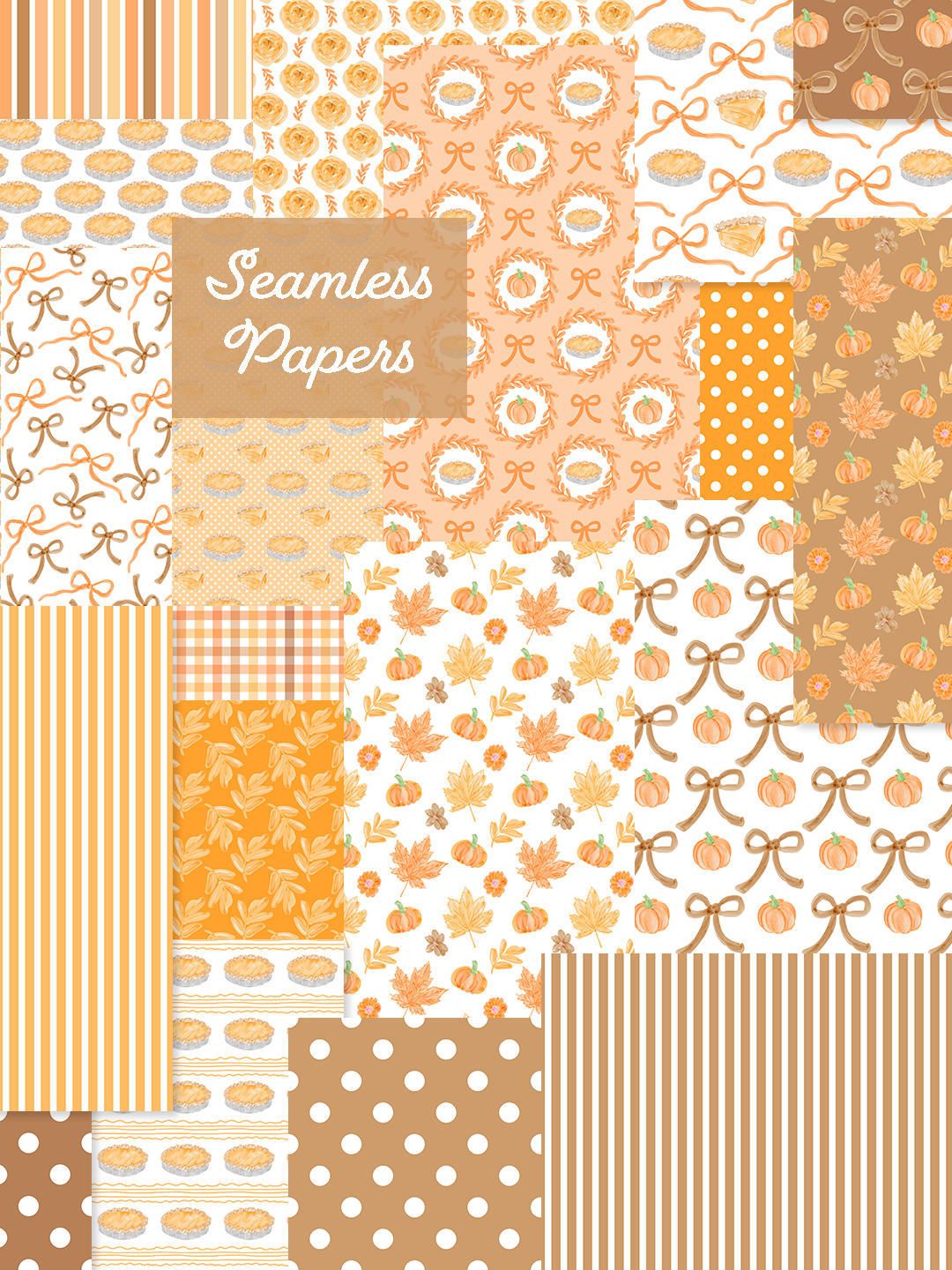 Preview of watercolor Thanksgiving seamless patterns featuring orange pumpkins, pumpkin pies, fall leaves, florals, bows, gingham, stripes, and polka dots.