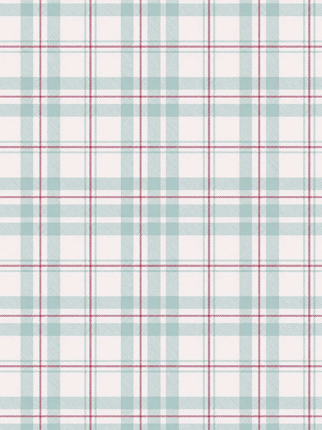 Seamless plaid pattern with soft light blue and white checks crossed by thin red accent lines
