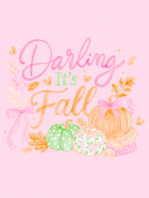 Watercolor Darling It’s Fall design with pink and orange lettering, bow-topped pumpkins, hearts, and autumn leaves.