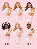 Six watercolor girls in pink gingham dresses and oversized bows, each holding a fluffy golden puppy