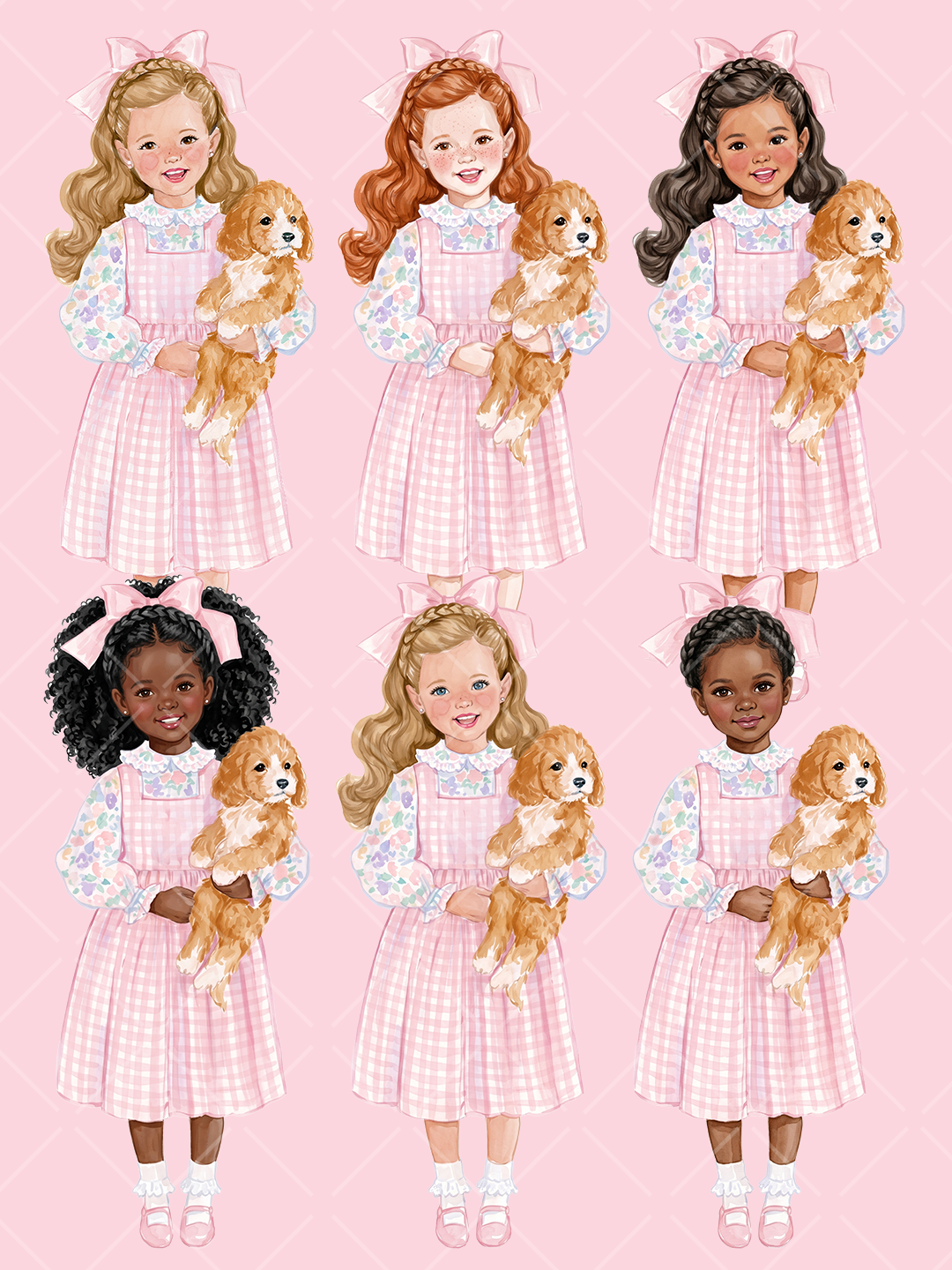 Six watercolor girls in pink gingham dresses and oversized bows, each holding a fluffy golden puppy
