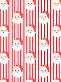 Repeating watercolor-style rosy-cheeked Santa faces on vertical red, white, pale pink, and light blue stripes.
