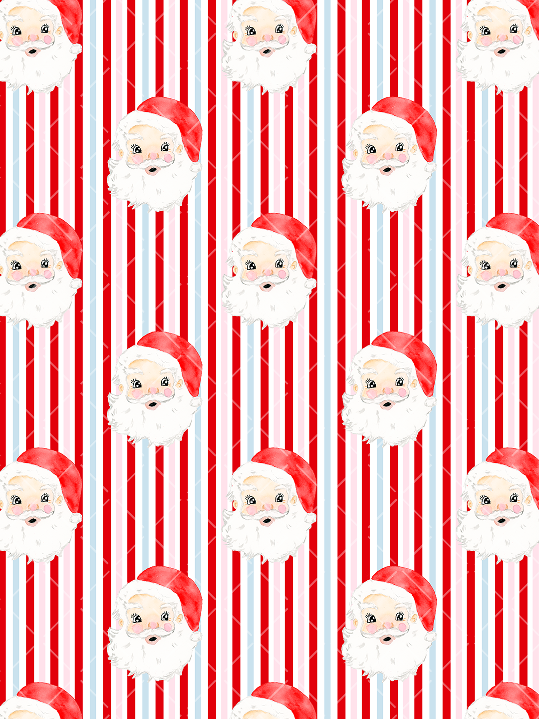 Repeating watercolor-style rosy-cheeked Santa faces on vertical red, white, pale pink, and light blue stripes.