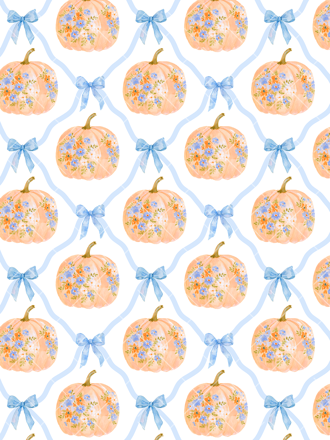 Watercolor seamless pattern of peachy orange floral pumpkins and blue bows arranged within a pale blue ribbon lattice on white