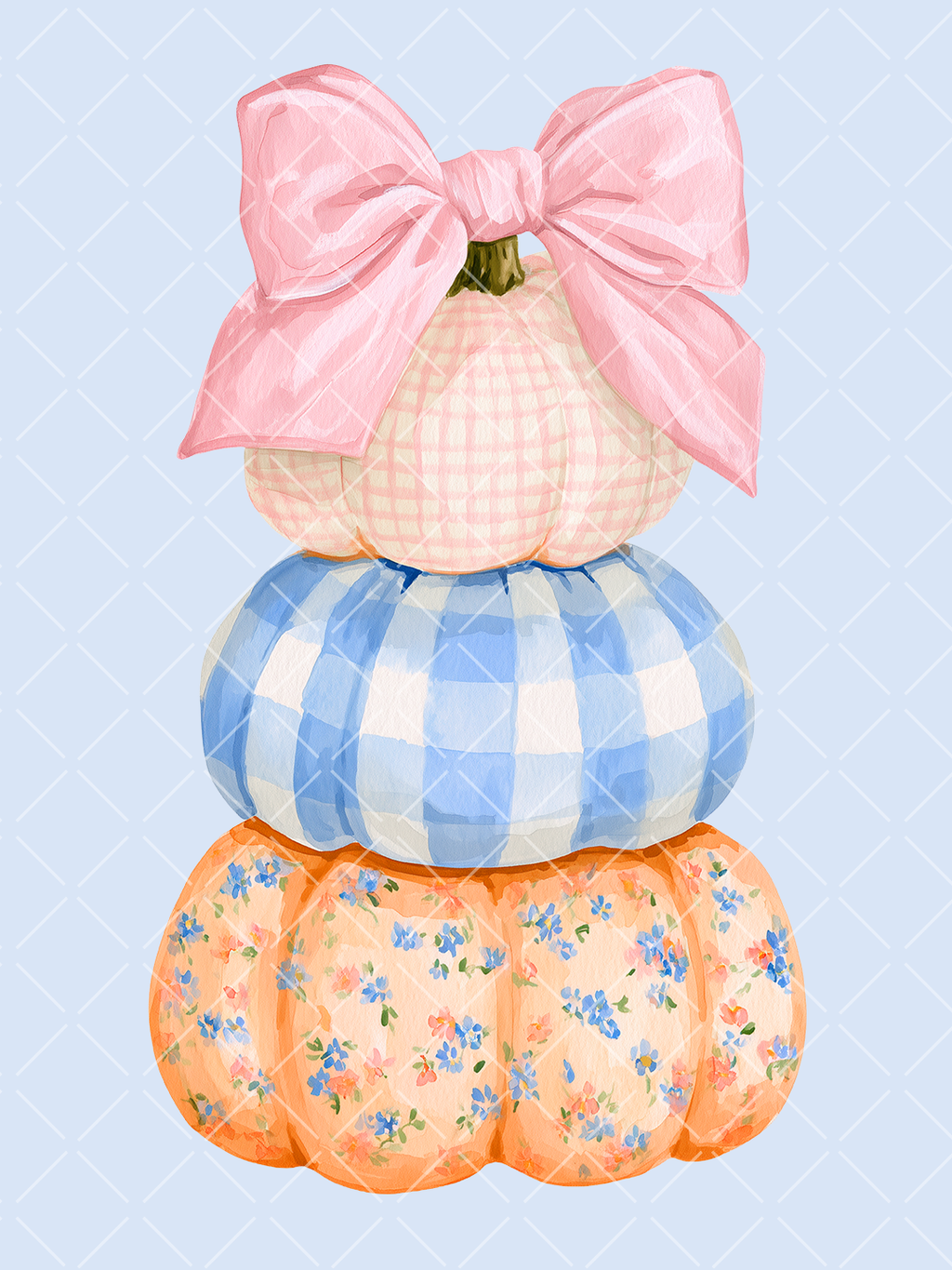 Watercolor stack of three patterned pumpkins featuring orange florals, blue gingham, pink checks, and an oversized pink bow.