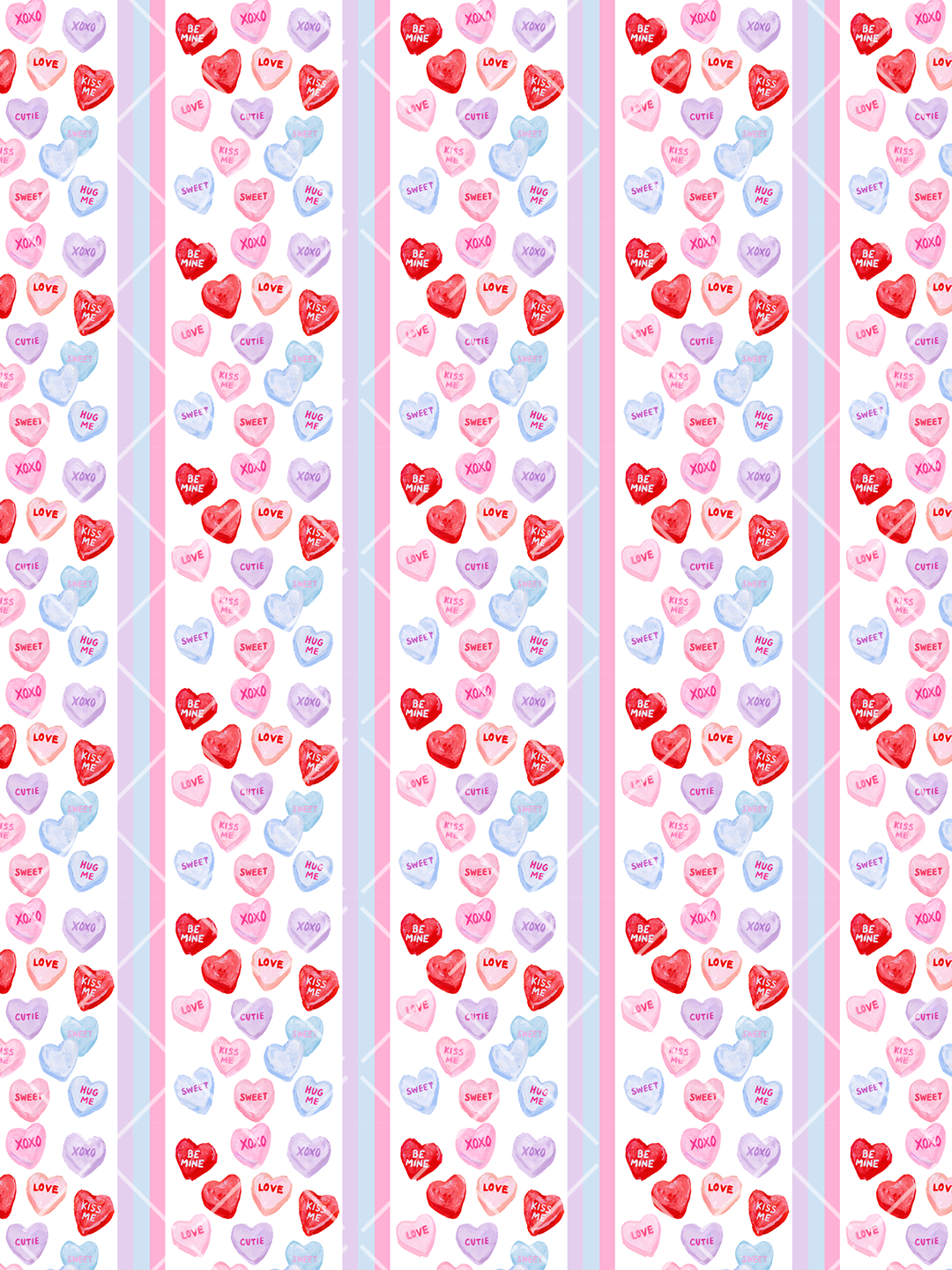 Watercolor Valentine conversation hearts in red, pink, lavender, and blue arranged in repeating striped panels on a white background.