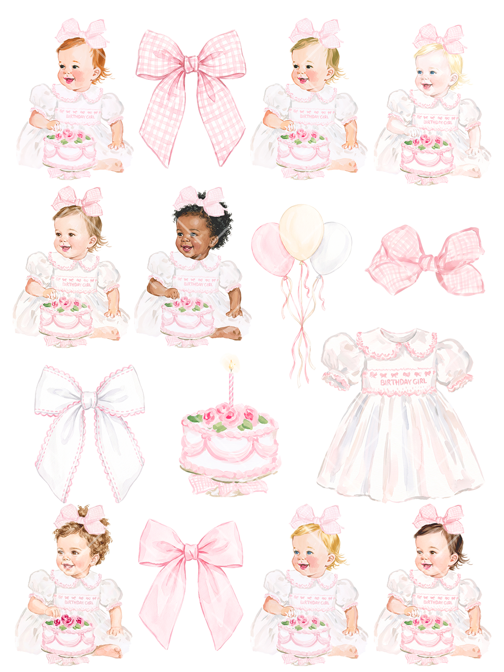 First Birthday Girl Watercolor Clipart Bundle