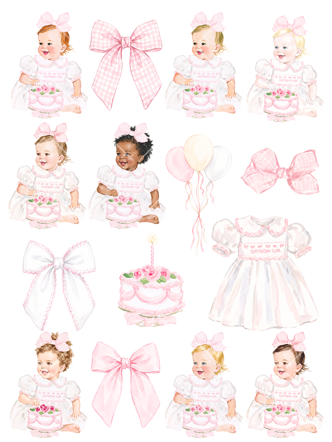 First Birthday Girl Watercolor Clipart Bundle