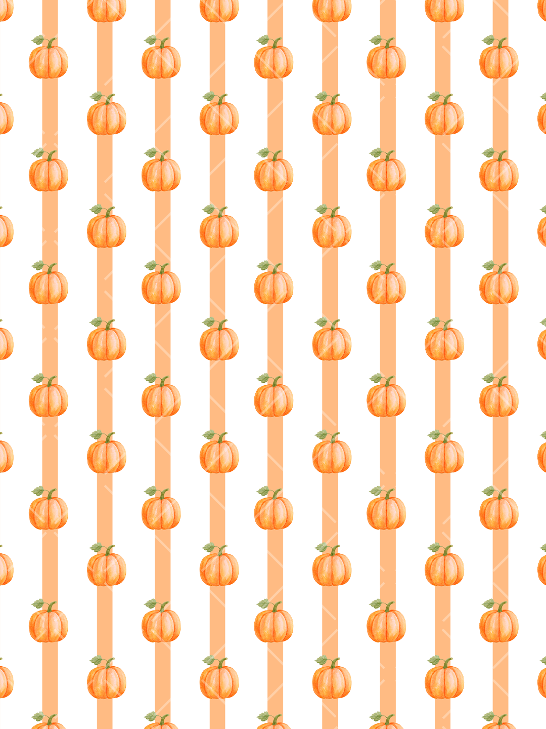 Seamless fall pattern with watercolor orange pumpkins arranged over alternating white and orange vertical stripes