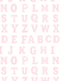 Seamless pattern of uppercase alphabet letters filled with pink gingham and outlined in pearl-like scalloped trim on white