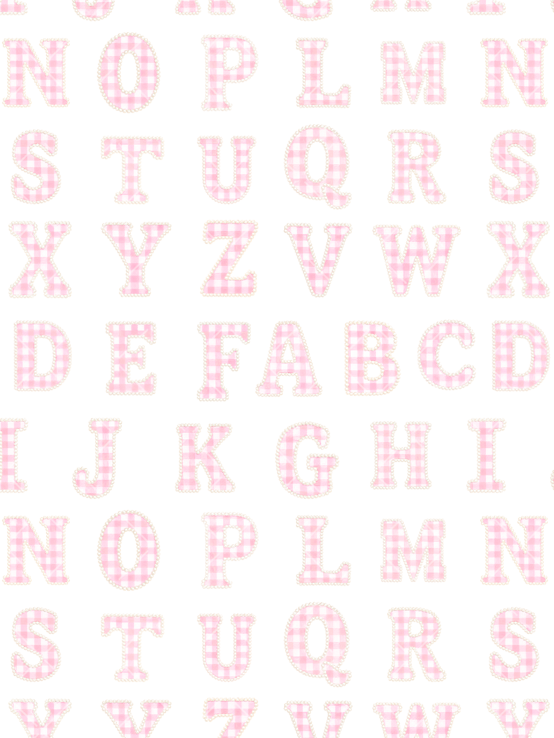 Seamless pattern of uppercase alphabet letters filled with pink gingham and outlined in pearl-like scalloped trim on white