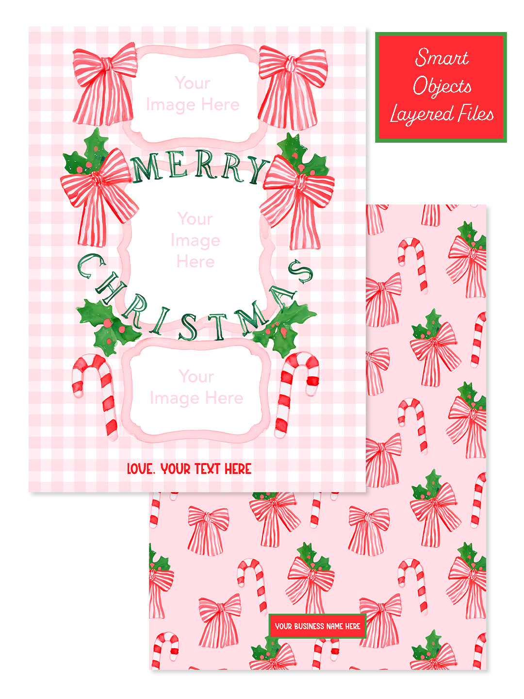 Pink Watercolor Bow Christmas Card PSD Template – Front & Back