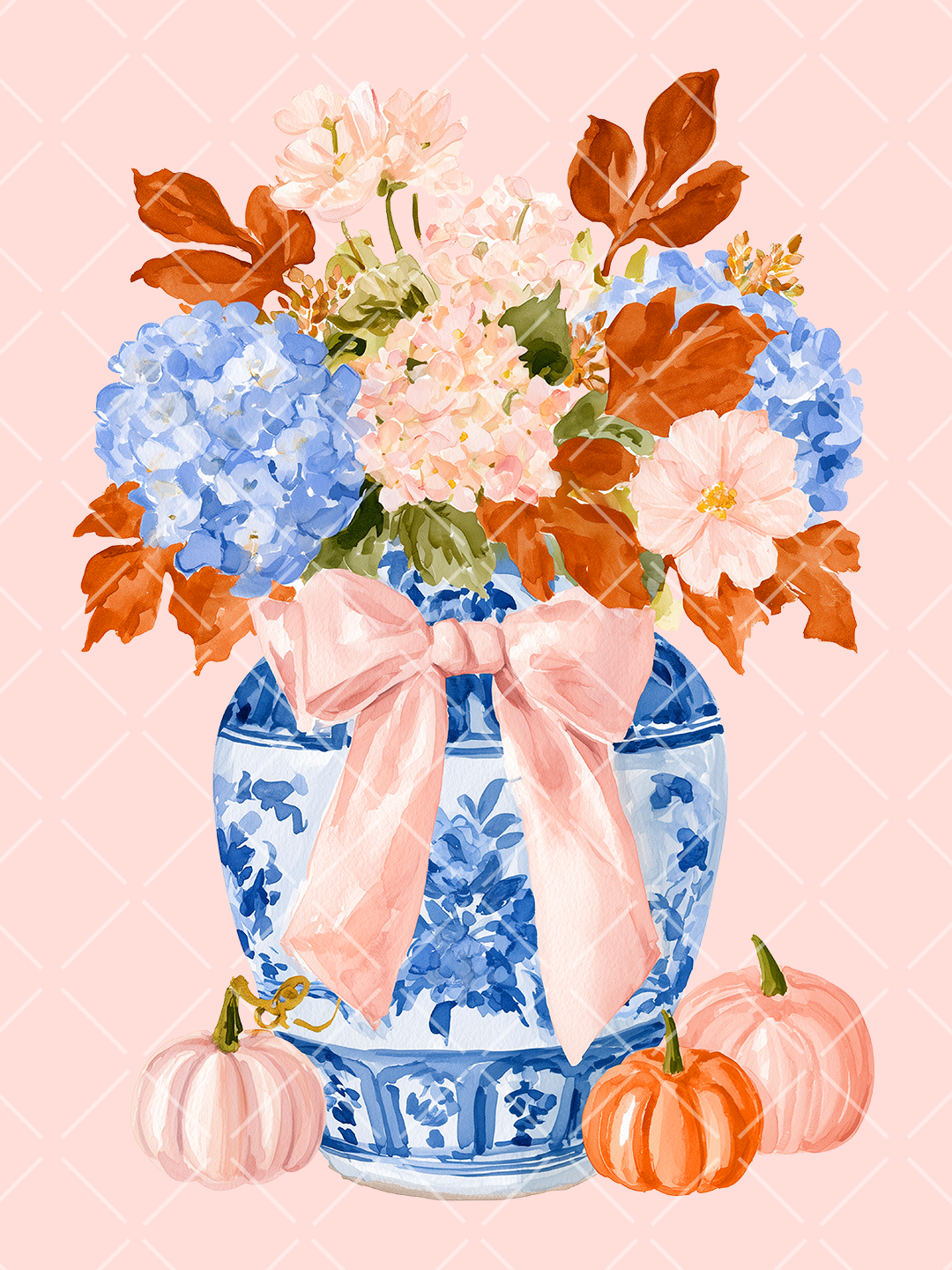 Watercolor fall arrangement with blue hydrangeas and pink flowers in a blue-and-white chinoiserie vase, finished with a pink bow and pumpkins.