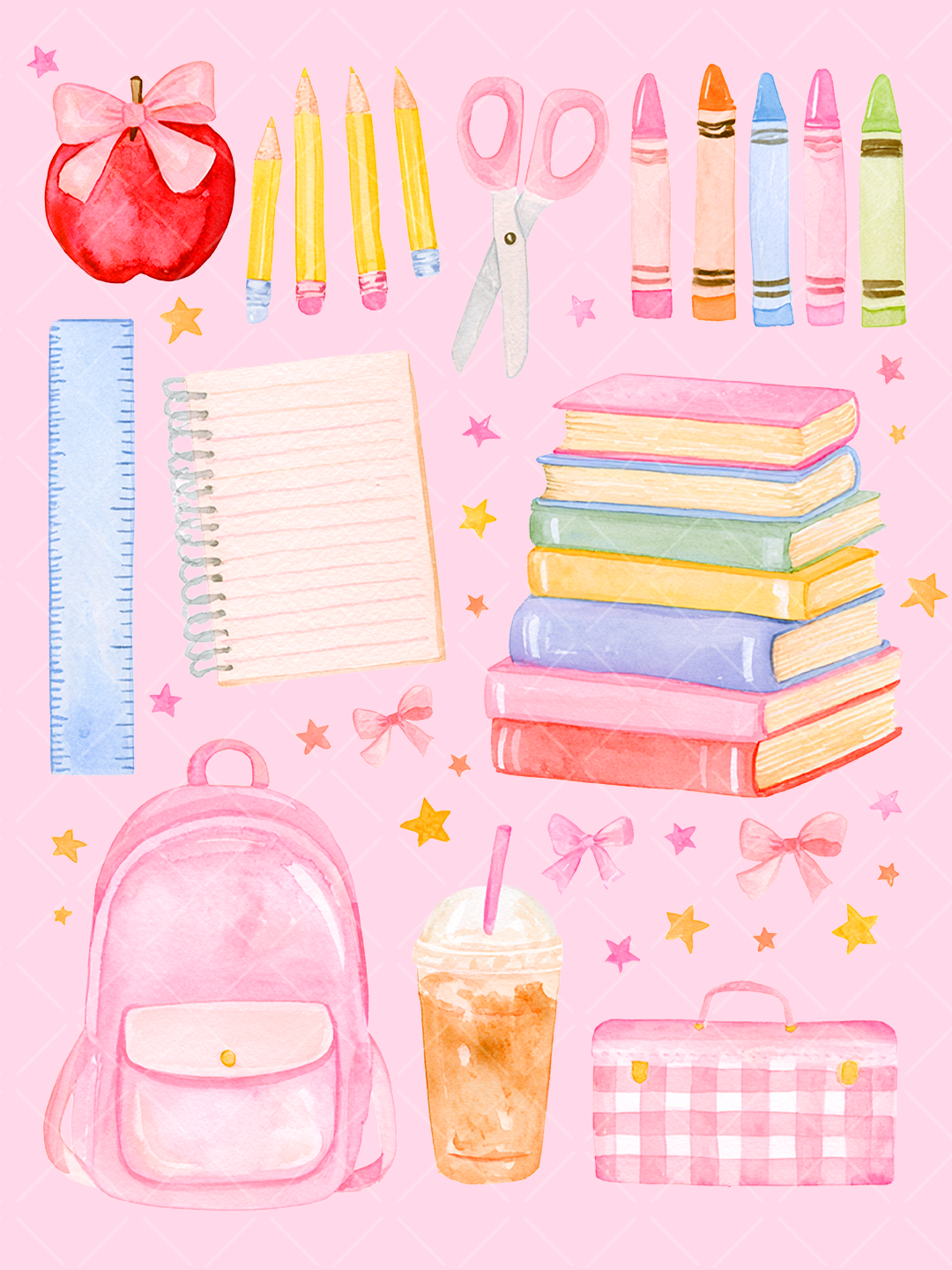 Pink Preppy School Supplies Watercolor PNG Design