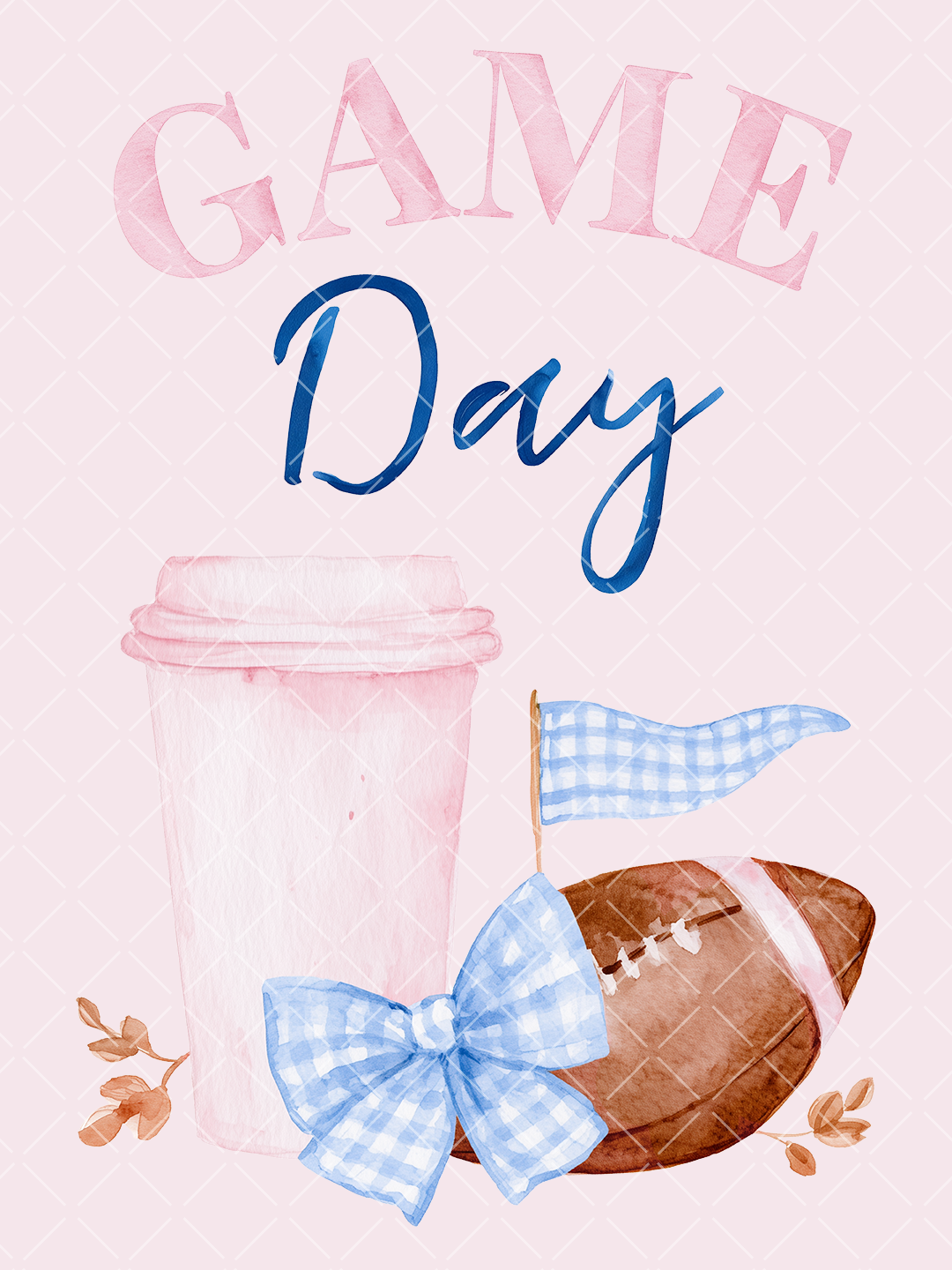 Watercolor Game Day design with pink lettering, navy script, a pink coffee cup, brown football, and blue gingham bow and pennant