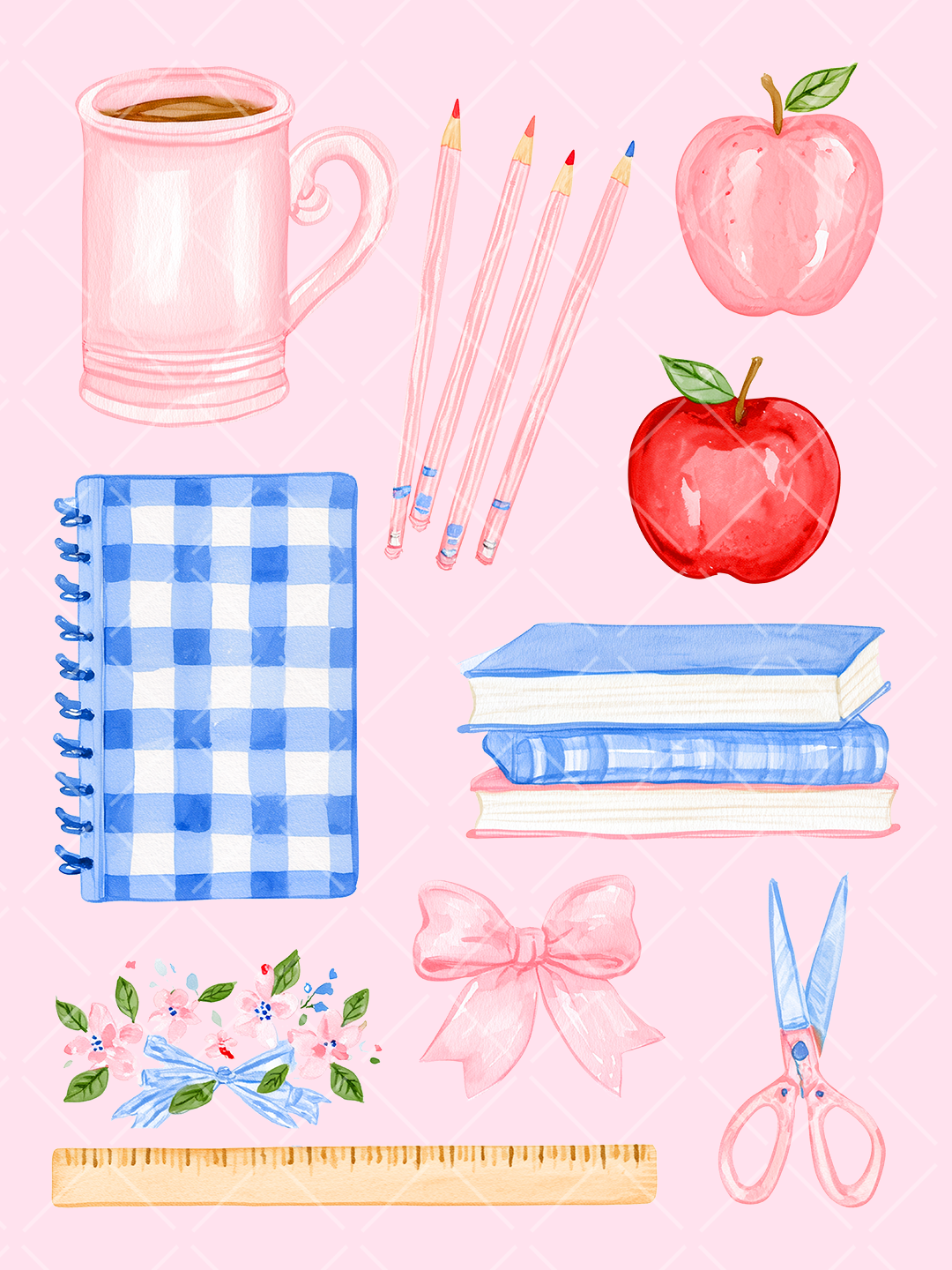 Watercolor teacher design with pink and blue pencils, gingham notebook, apples, books, coffee mug, bow, ruler, flowers, and scissors