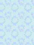 Watercolor blue floral wreaths and bows arranged on a pale blue trellis seamless pattern background