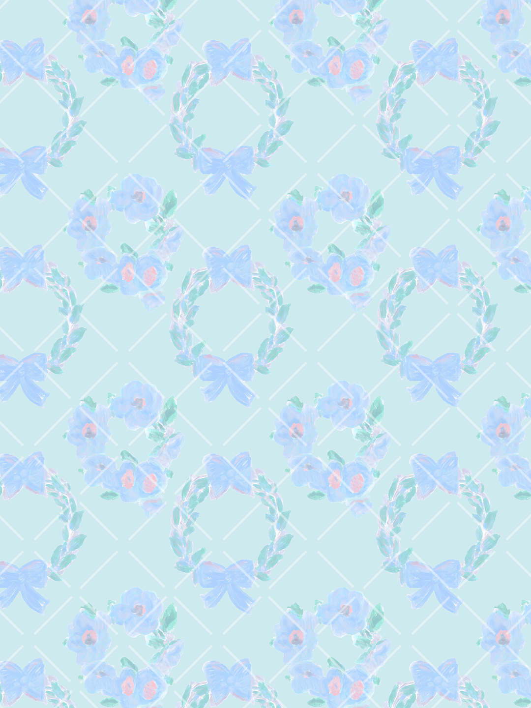 Watercolor blue floral wreaths and bows arranged on a pale blue trellis seamless pattern background