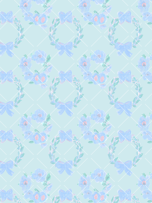 Watercolor blue floral wreaths and bows arranged on a pale blue trellis seamless pattern background