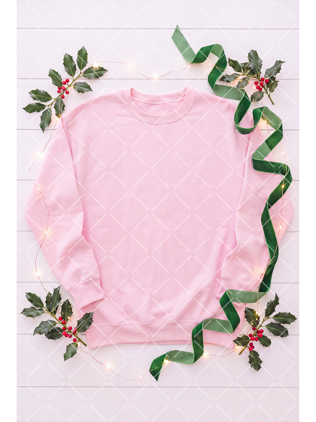 Pink Christmas Sweatshirt Mockup with Holly and Ribbon