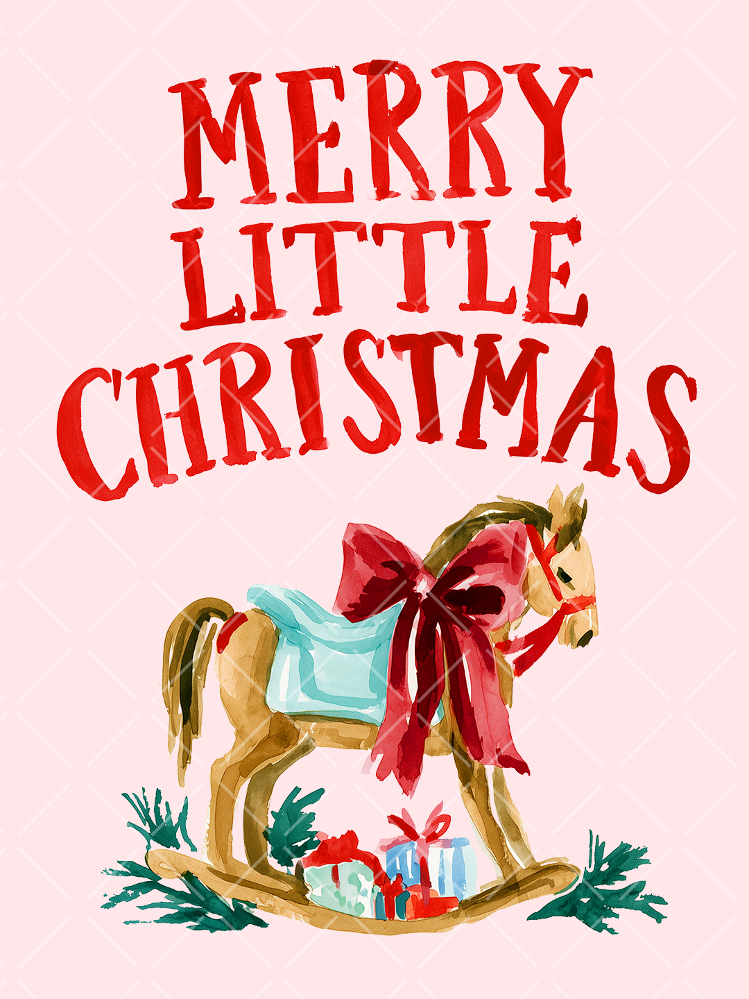 Watercolor Merry Little Christmas design with red lettering, a rocking horse wearing a large red bow, wrapped gifts, and evergreen sprigs.