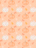 Watercolor fall pattern with orange pumpkins, white floral pumpkins, coral bows, and autumn leaves on a peach trellis background.