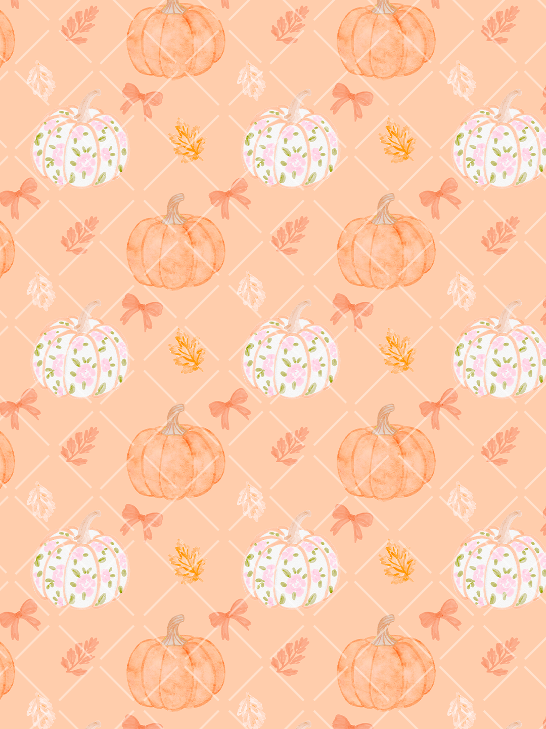 Watercolor fall pattern with orange pumpkins, white floral pumpkins, coral bows, and autumn leaves on a peach trellis background.