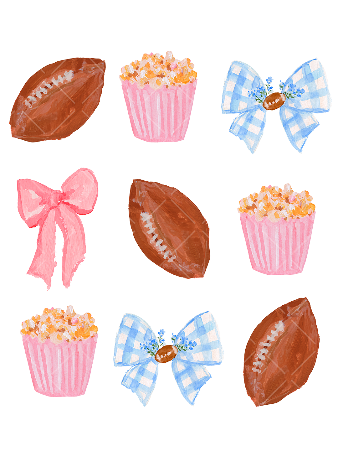Watercolor Girly Football Bows and Popcorn PNG Design