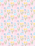 Watercolor seamless pattern with blue Easter bunnies, pink gingham bows, colorful tulips, and a pale pink diamond background.