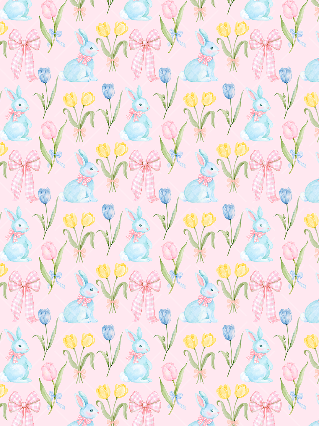 Watercolor seamless pattern with blue Easter bunnies, pink gingham bows, colorful tulips, and a pale pink diamond background.
