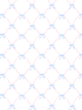 Watercolor seamless pattern featuring pale blue bows connected by pink twisted ribbons in a diamond trellis on a white background.