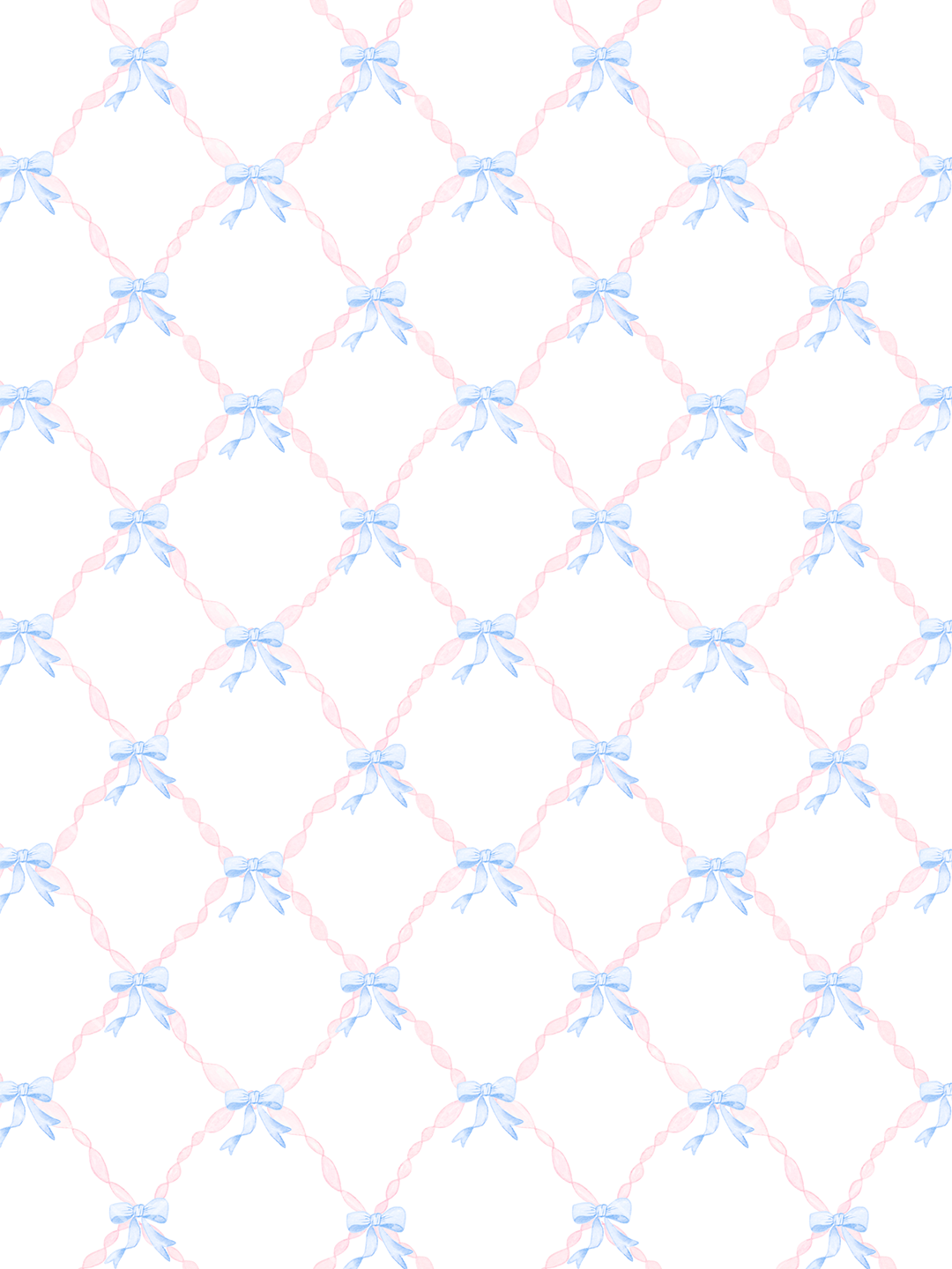 Watercolor seamless pattern featuring pale blue bows connected by pink twisted ribbons in a diamond trellis on a white background.