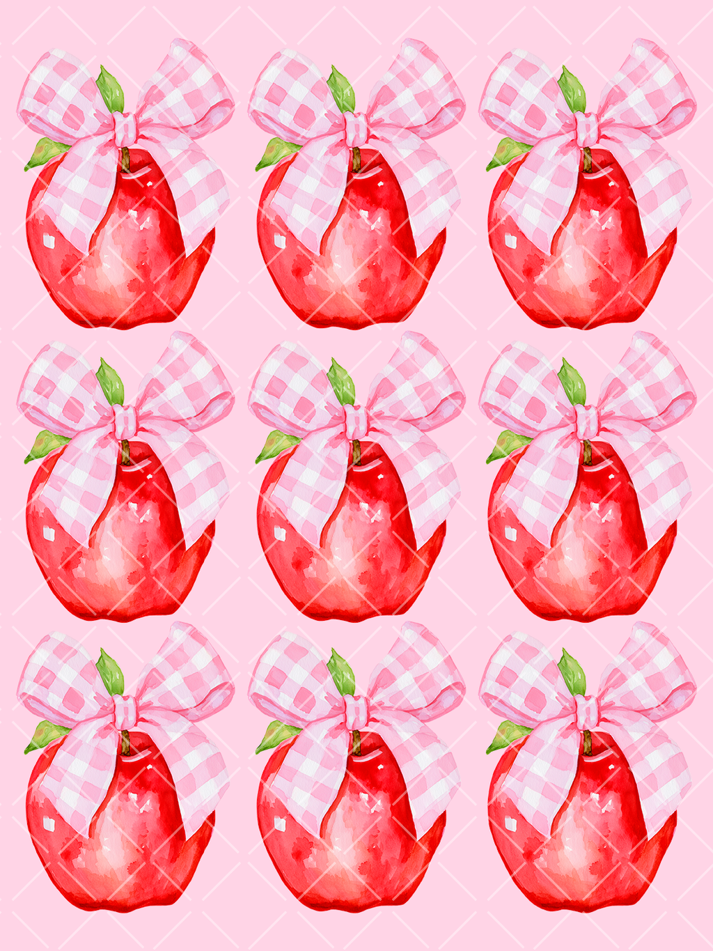 Watercolor red apple topped with an oversized pink and white gingham bow and green leaves
