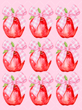 Watercolor red apple topped with an oversized pink and white gingham bow and green leaves