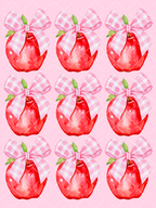 Watercolor red apple topped with an oversized pink and white gingham bow and green leaves