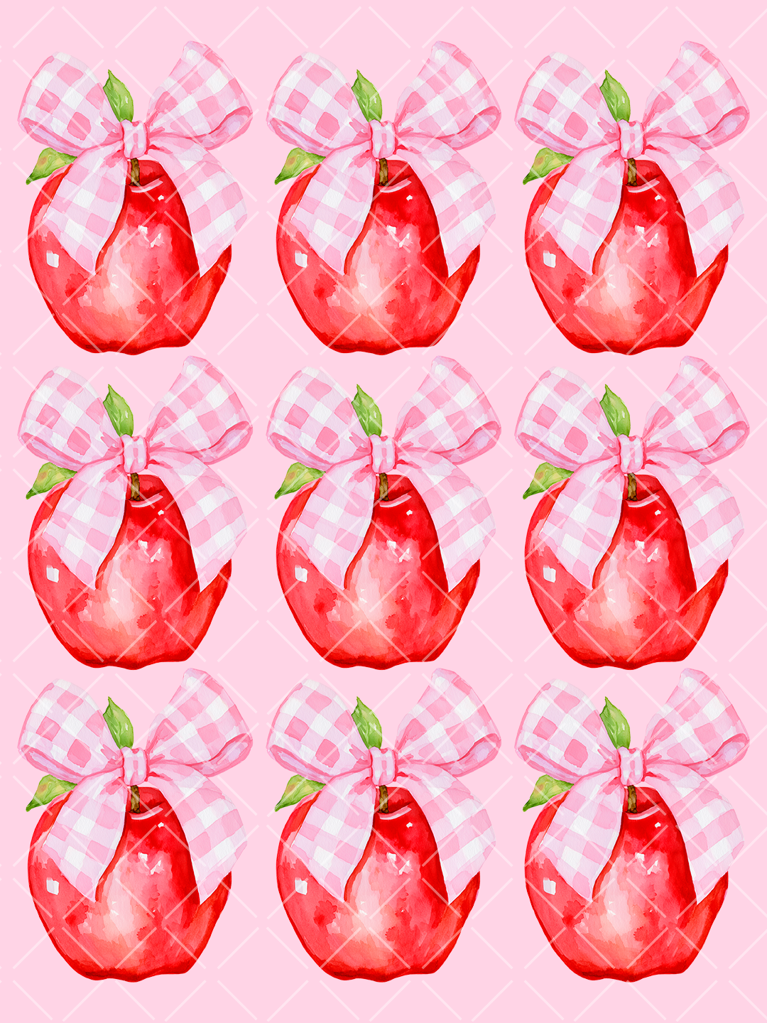 Watercolor red apple topped with an oversized pink and white gingham bow and green leaves