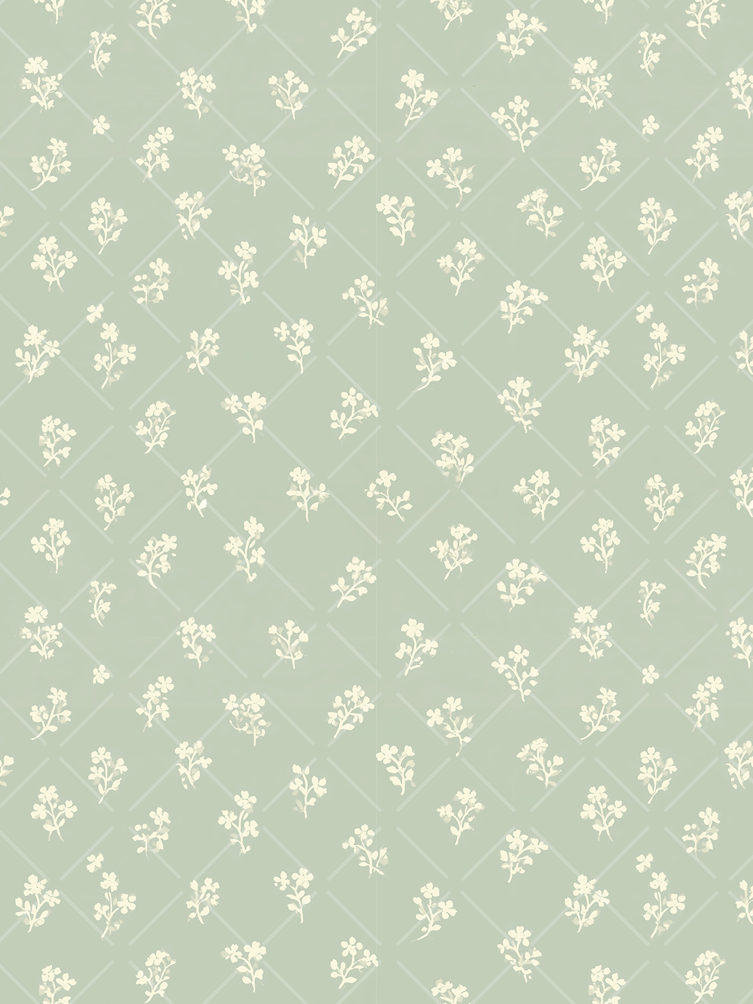 Seamless pattern with petite cream floral sprigs and a subtle diagonal trellis on a soft sage green background.