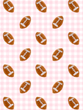 Hand-painted brown footballs arranged over a soft pink and white gingham seamless pattern background.