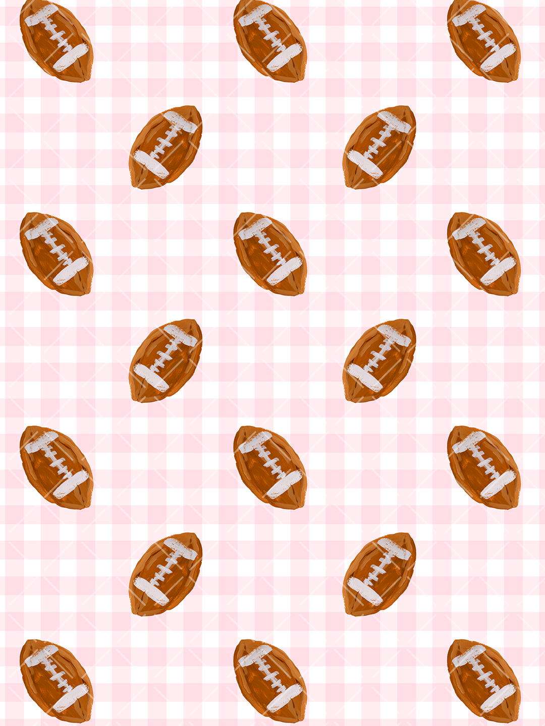 Hand-painted brown footballs arranged over a soft pink and white gingham seamless pattern background.