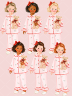Six watercolor Christmas girls with varied skin tones and hairstyles wearing pink holly pajamas, red bows, and holding teddy bears.