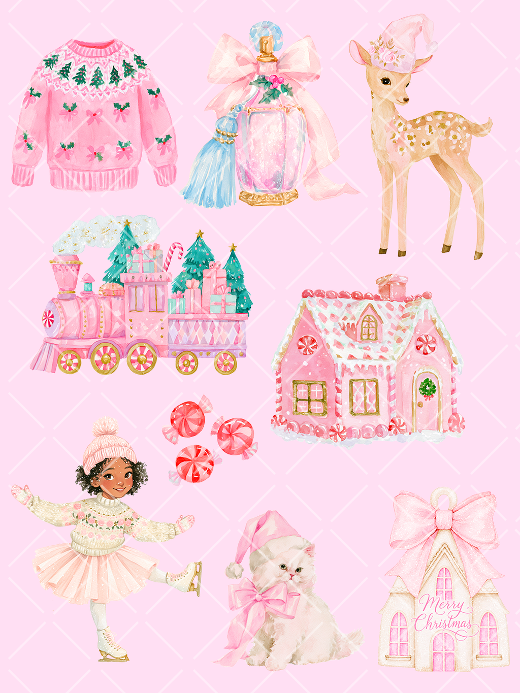 Pink Christmas Watercolor Clipart Bundle - 72 PNG Files